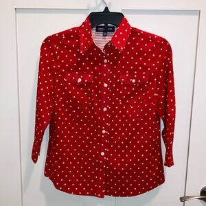 Petite red with white polka dots shirt. Jones New York.